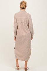 Camel Textured Stripe Button Down Maternity Shirt Dress
