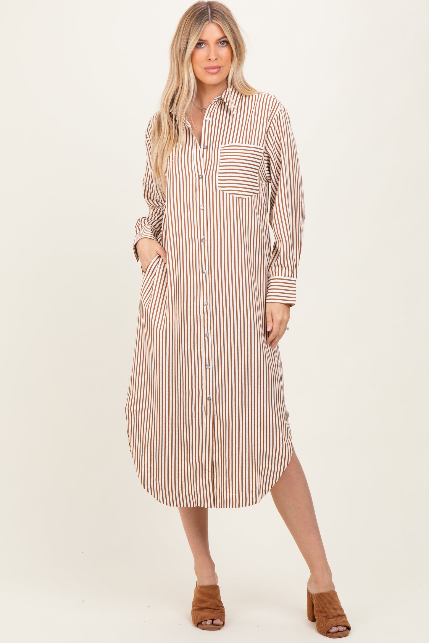 Camel Textured Stripe Button Down Shirt Dress