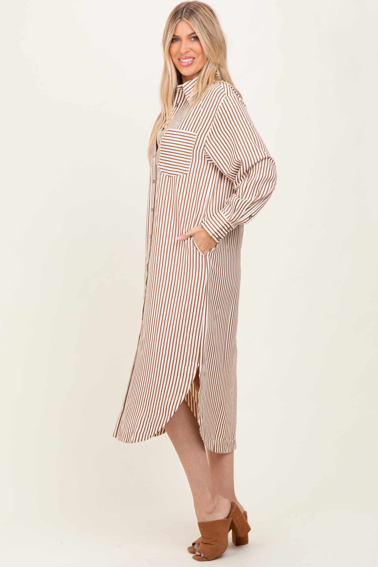 Camel Textured Stripe Button Down Shirt Dress