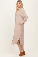 Camel Textured Stripe Button Down Shirt Dress
