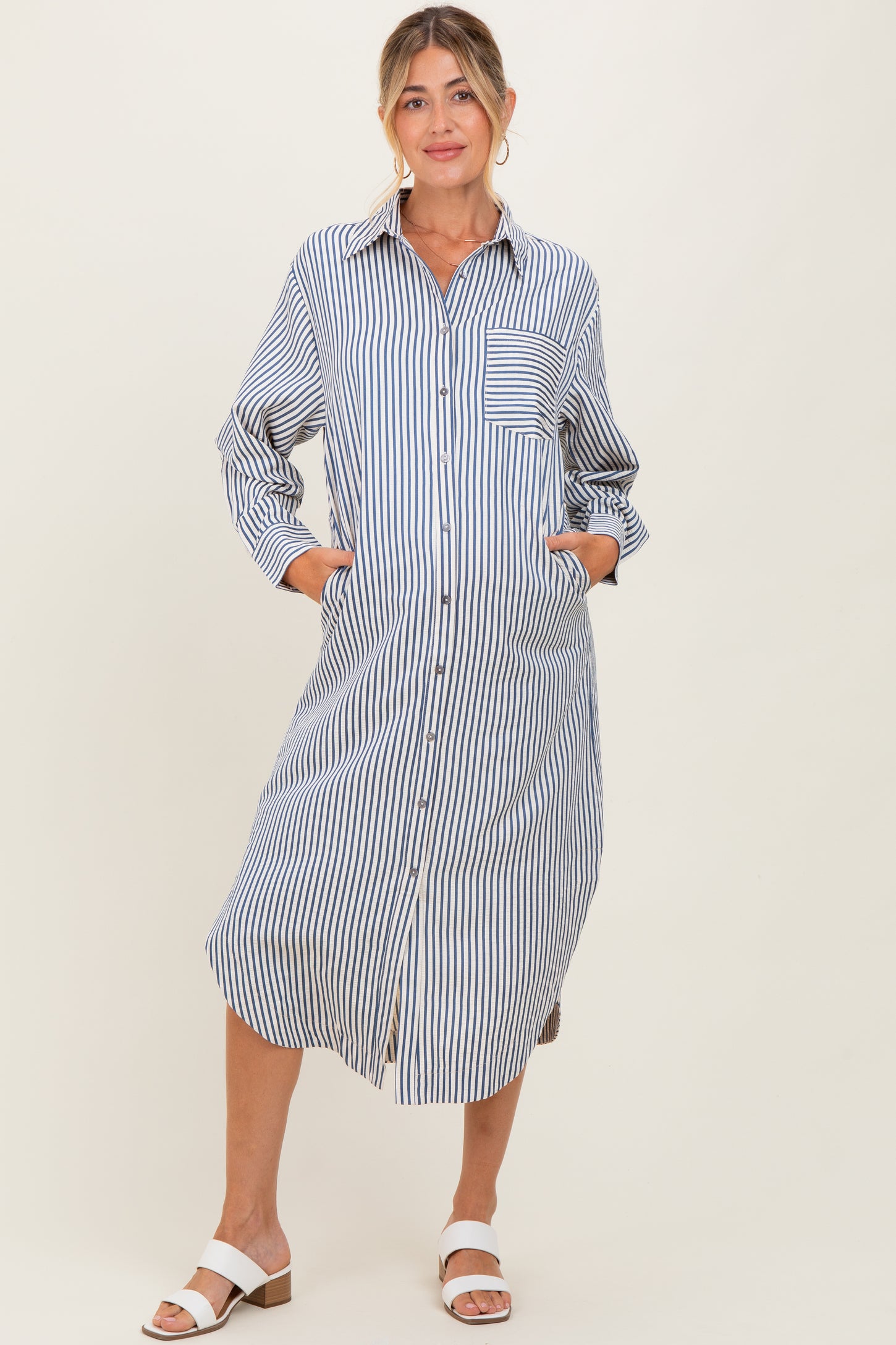 Navy Textured Stripe Button Down Maternity Shirt Dress