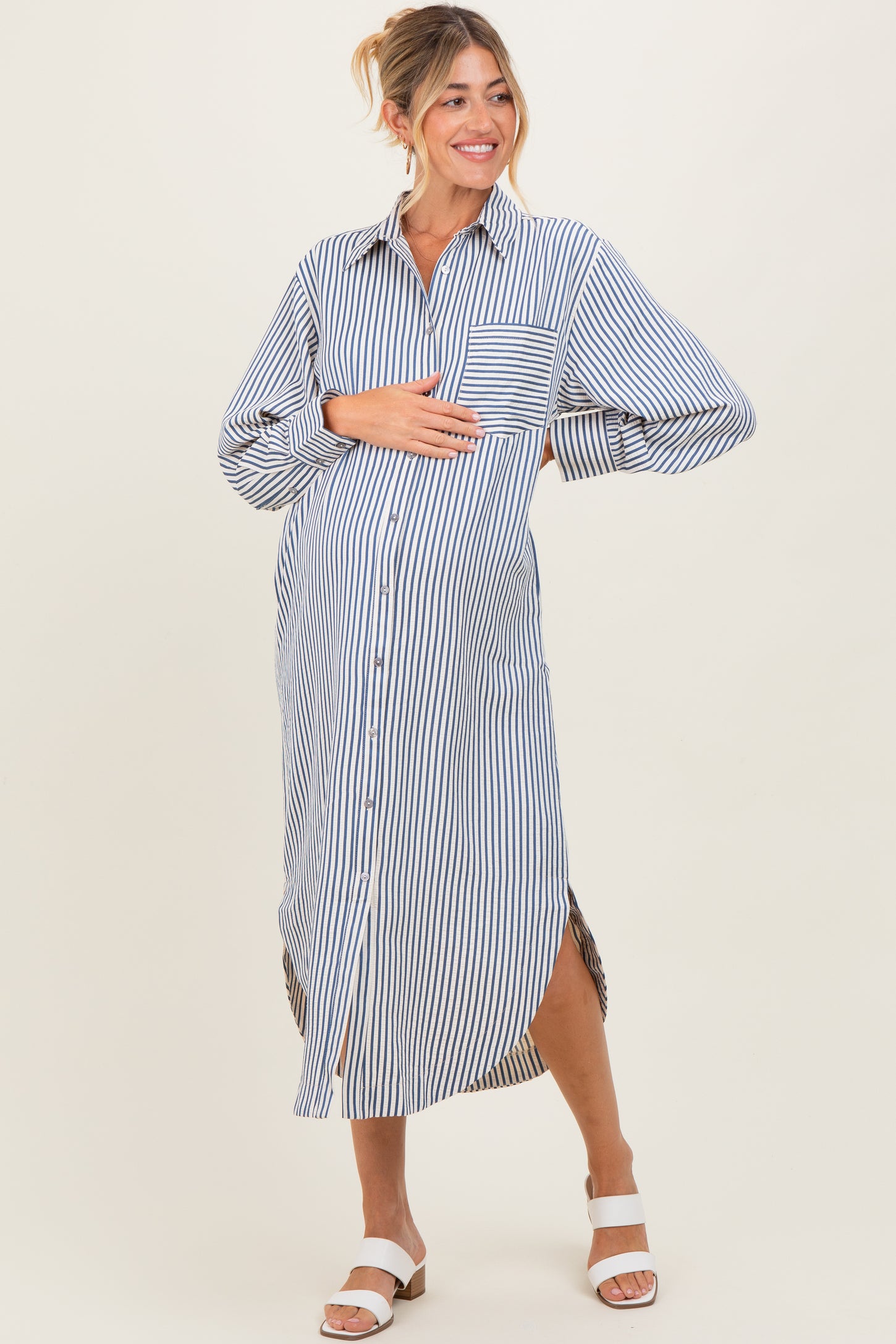 Navy Textured Stripe Button Down Maternity Shirt Dress