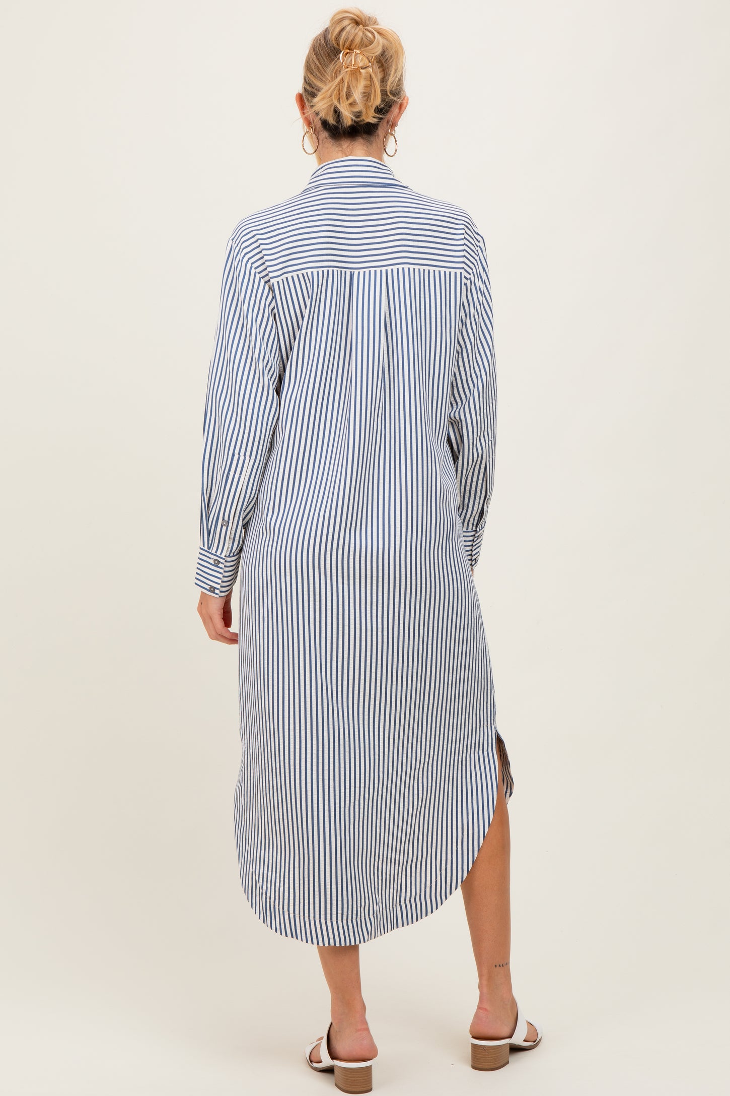 Navy Textured Stripe Button Down Maternity Shirt Dress