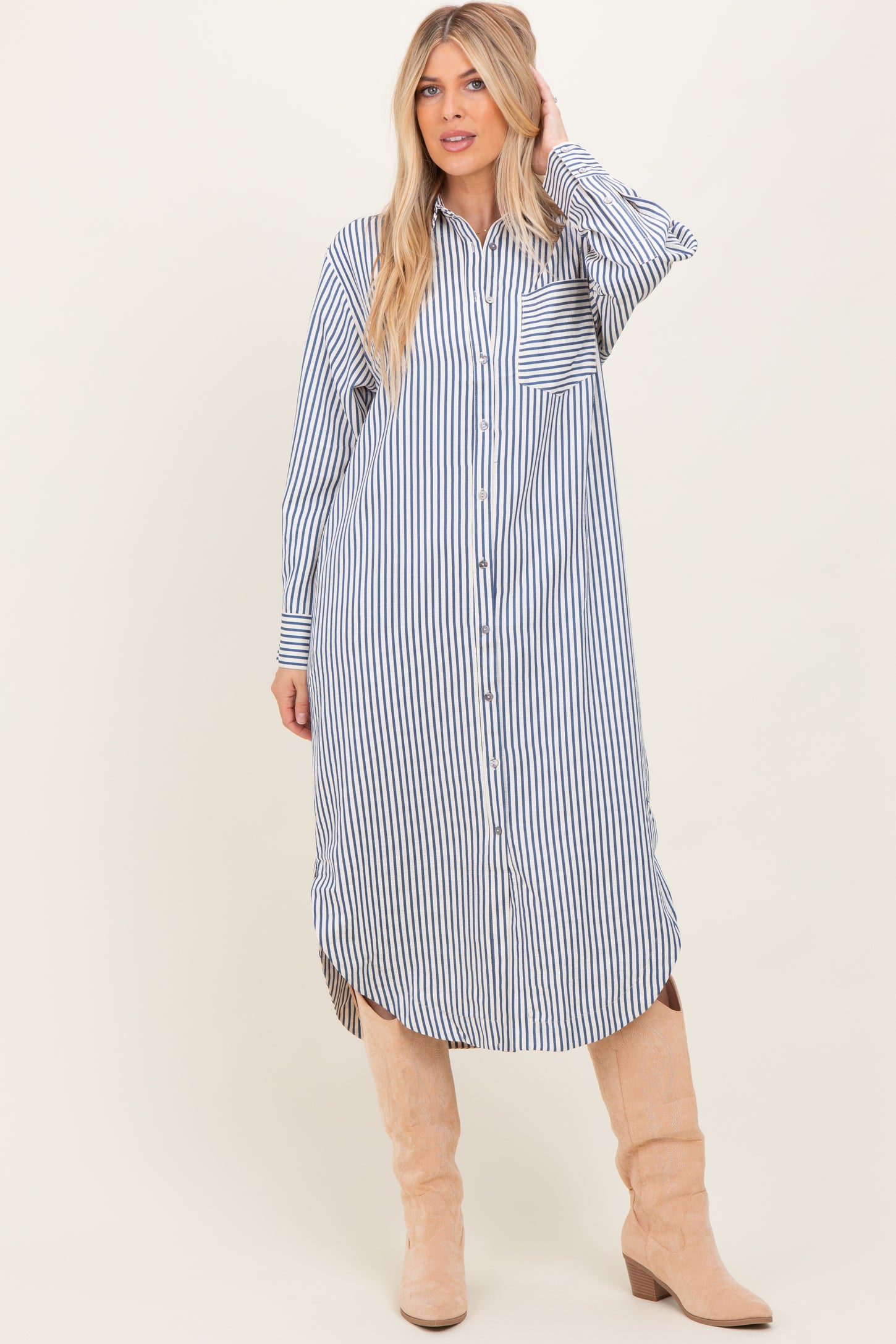 Navy Textured Stripe Button Down Shirt Dress