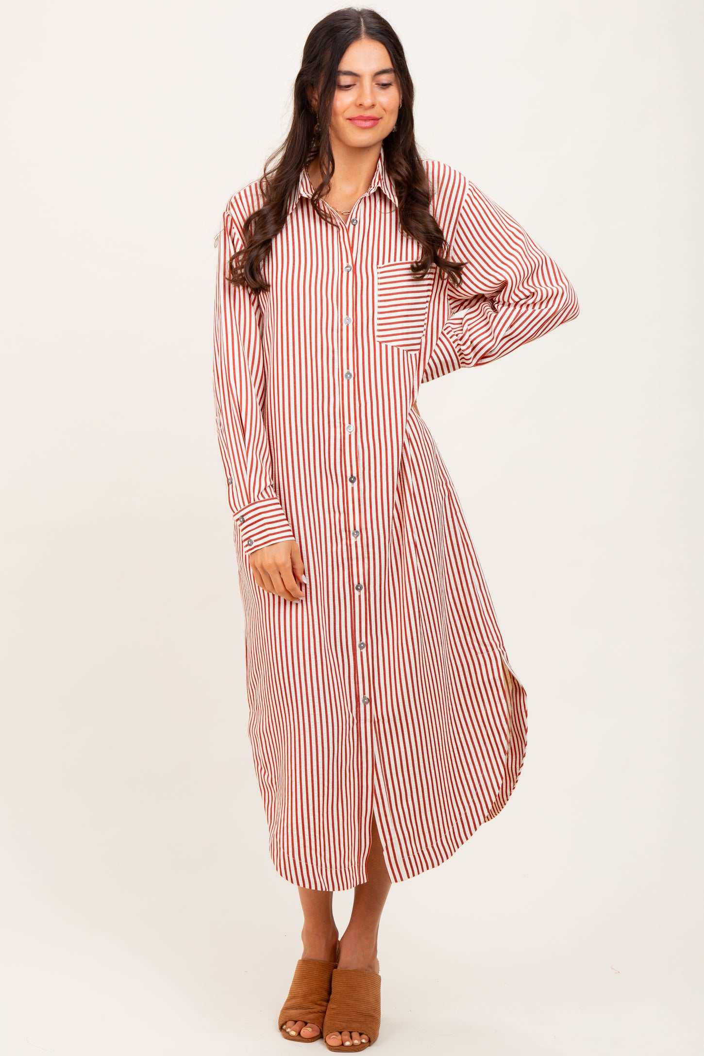Rust Textured Stripe Button Down Shirt Dress