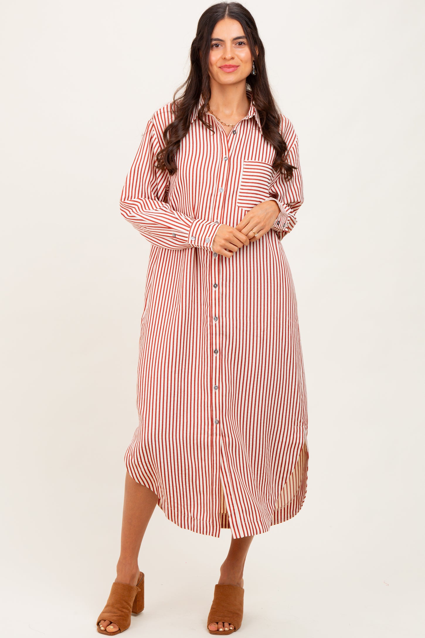 Rust Textured Stripe Button Down Maternity Shirt Dress