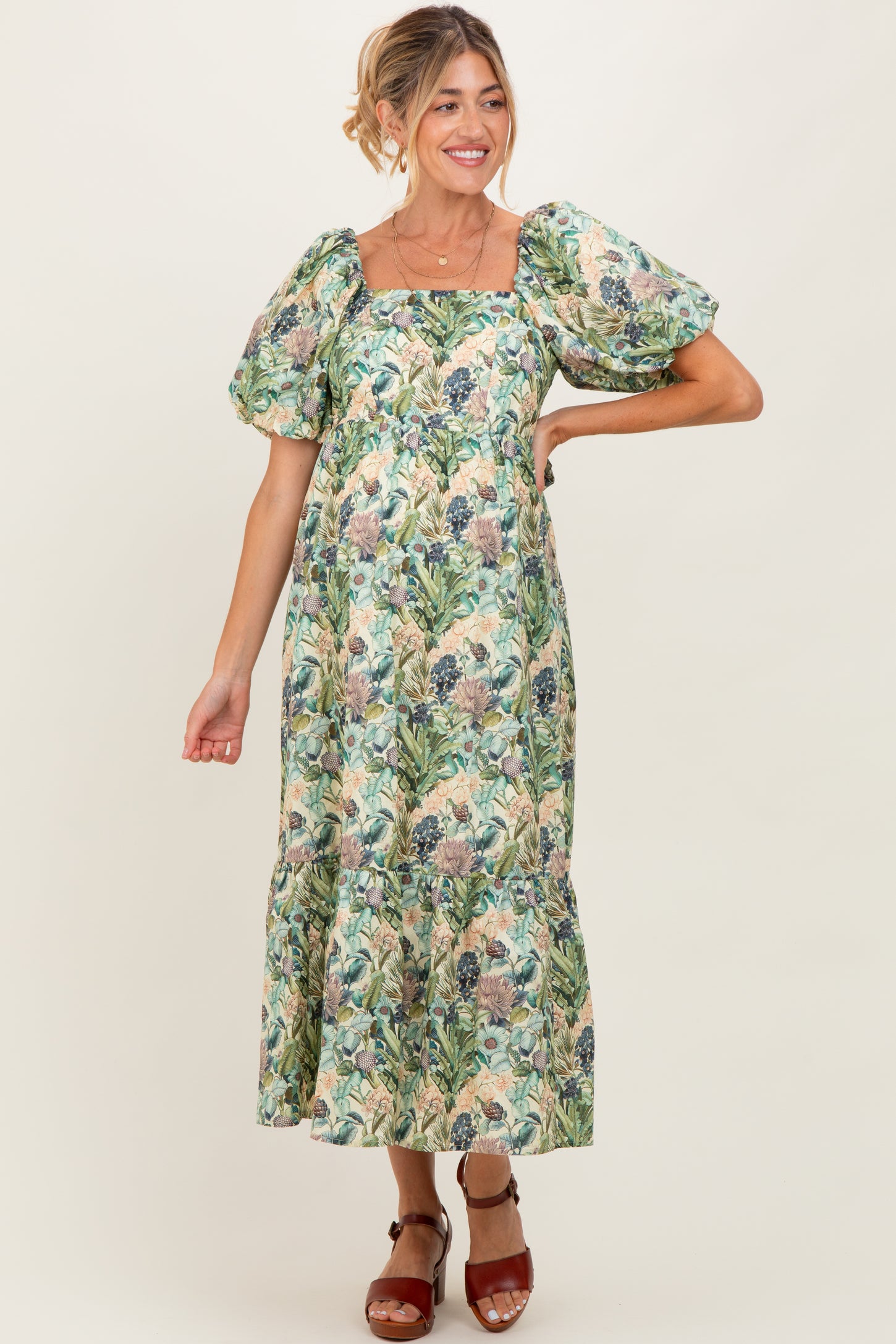 Multicolor Floral Puff Sleeve Bow Tie Detail Maternity Midi Dress