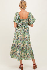 Multicolor Floral Puff Sleeve Bow Tie Detail Maternity Midi Dress