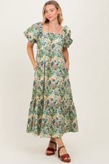 Multicolor Floral Puff Sleeve Bow Tie Detail Midi Dress