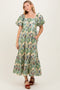 Multicolor Floral Puff Sleeve Bow Tie Detail Midi Dress