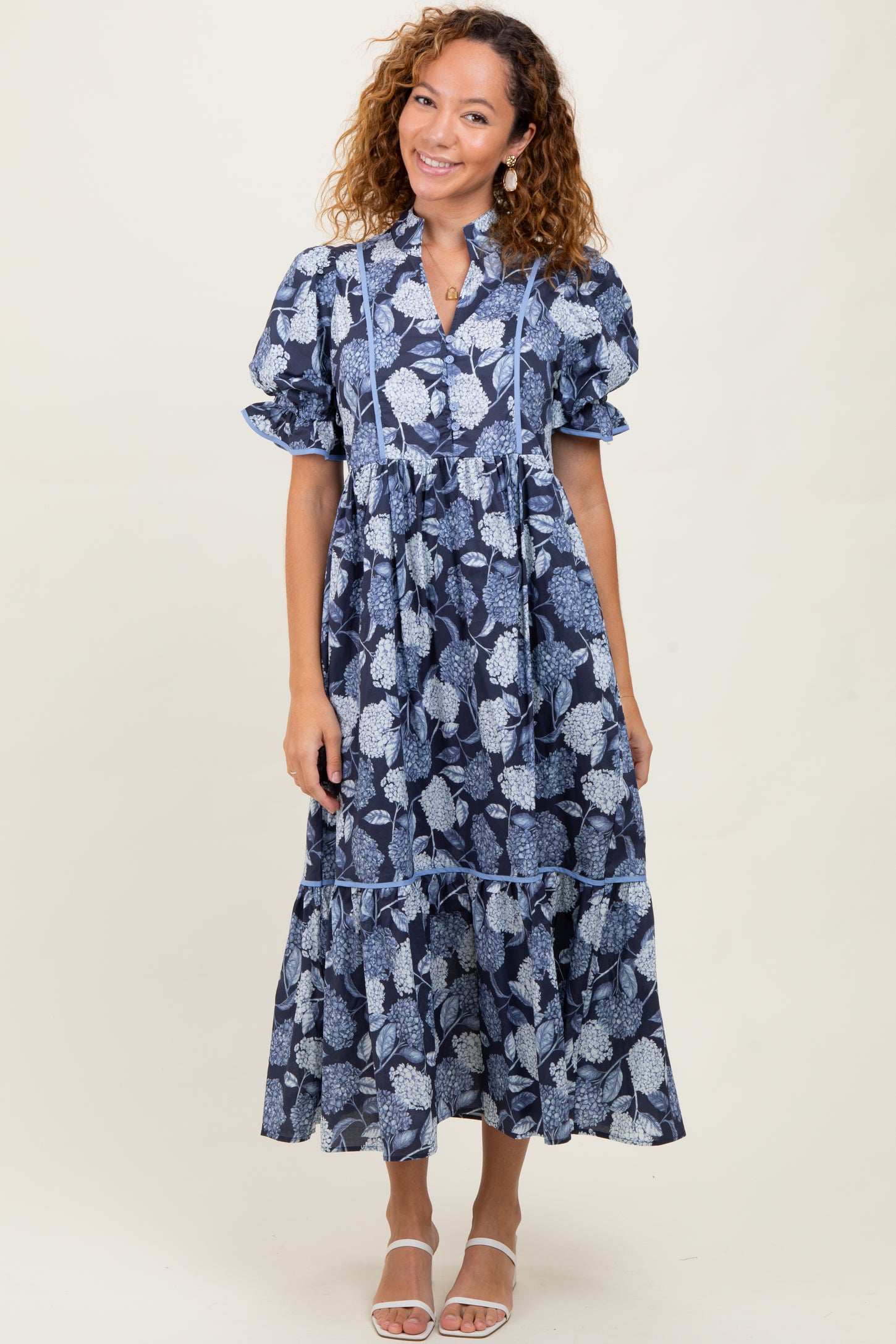 Navy Floral Split Button Collar Puff Sleeve Midi Dress