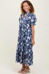 Navy Floral Split Button Collar Puff Sleeve Midi Dress