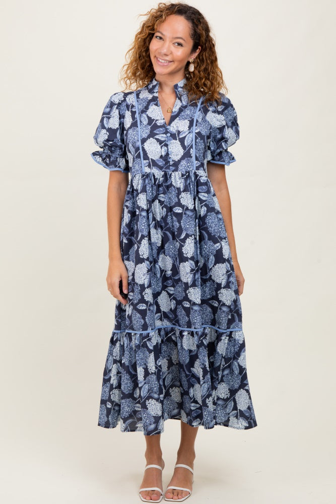 Navy Floral Split Button Collar Puff Sleeve Maternity Midi Dress