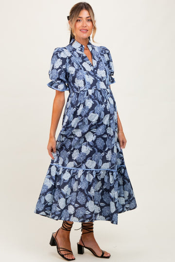 Navy Floral Split Button Collar Puff Sleeve Maternity Midi Dress