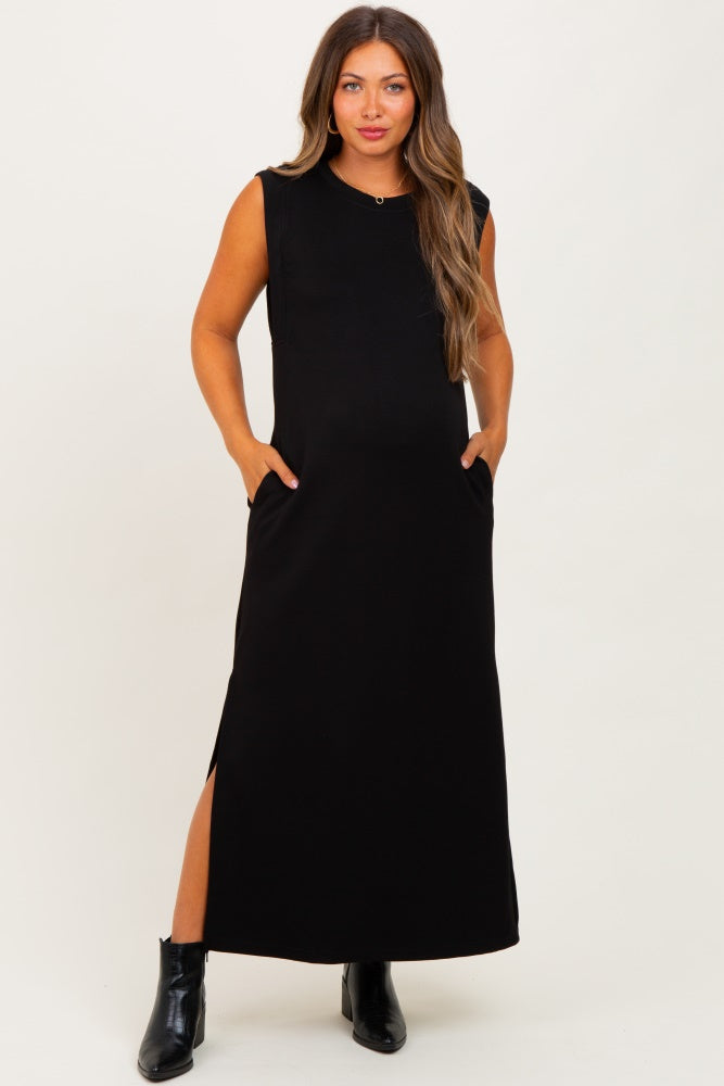 Black Sleeveless Side Slit Maternity Midi Dress