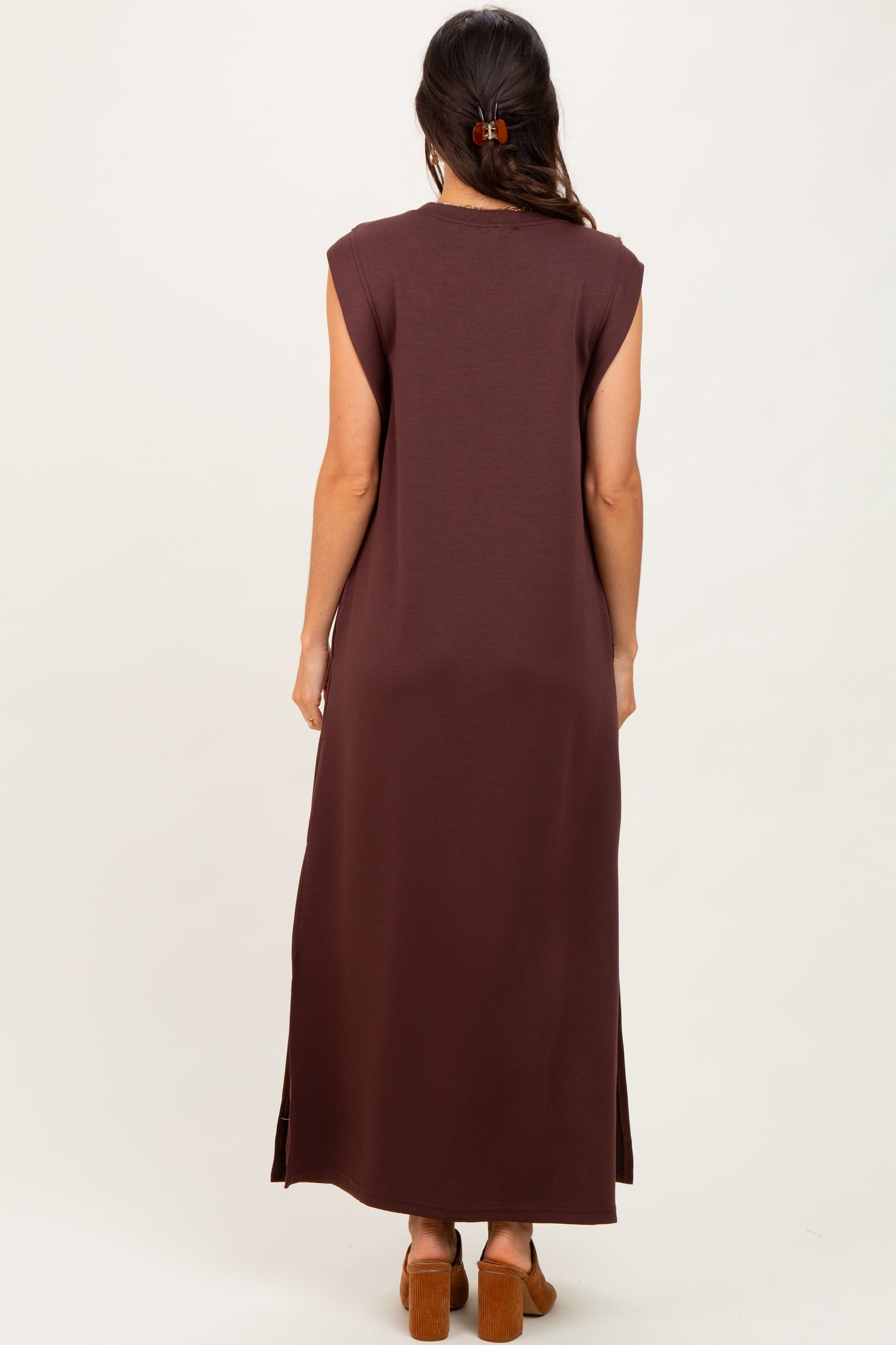 Brown Sleeveless Side Slit Midi Dress