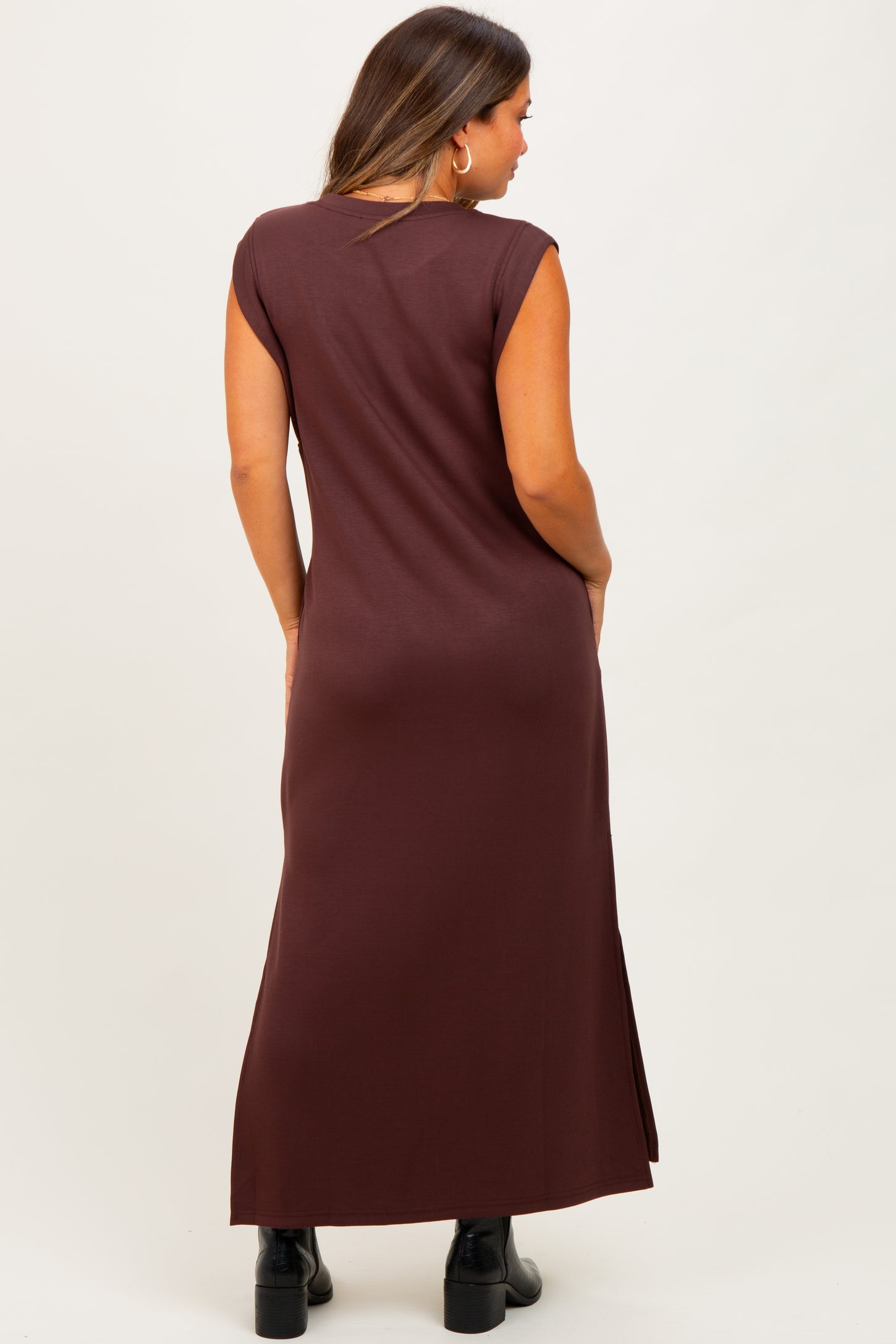 Brown Sleeveless Side Slit Maternity Midi Dress