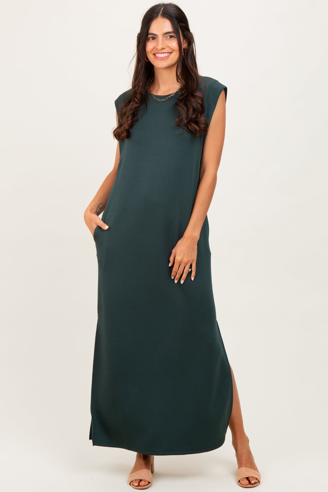 Forest Green Sleeveless Side Slit Midi Dress PinkBlush Forest Green Sleeveless Side Slit Midi Dress PinkBlush