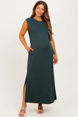Forest Green Sleeveless Side Slit Maternity Midi Dress
