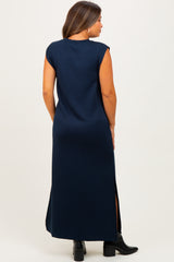 Navy Sleeveless Side Slit Maternity Midi Dress