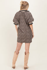 Taupe Animal Print Quarter Zip Puff Sleeve Mini Dress