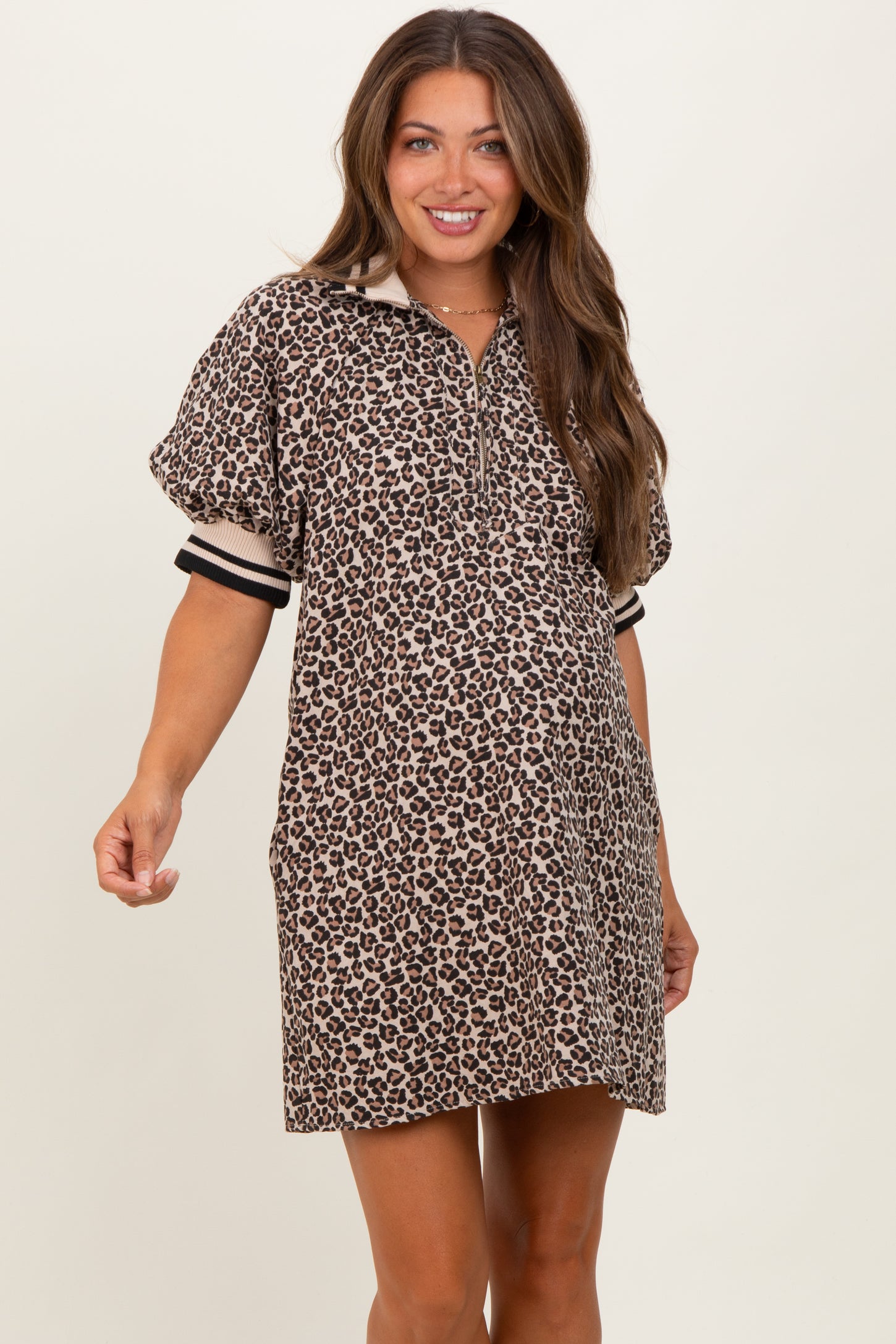 Taupe Animal Print Quarter Zip Puff Sleeve Maternity Mini Dress