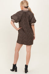 Mocha Animal Print Quarter Zip Puff Sleeve Mini Dress