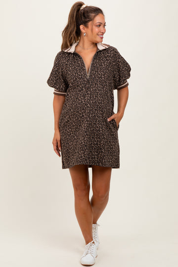 Mocha Animal Print Quarter Zip Puff Sleeve Maternity Mini Dress