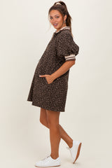 Mocha Animal Print Quarter Zip Puff Sleeve Maternity Mini Dress