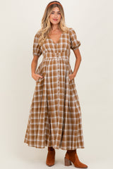 Camel Plaid Button Down Maternity Maxi Dress