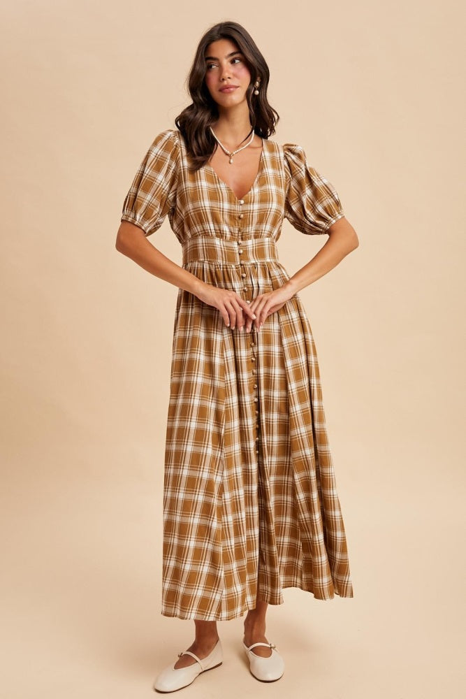 Camel Plaid Button Down Maxi Dress