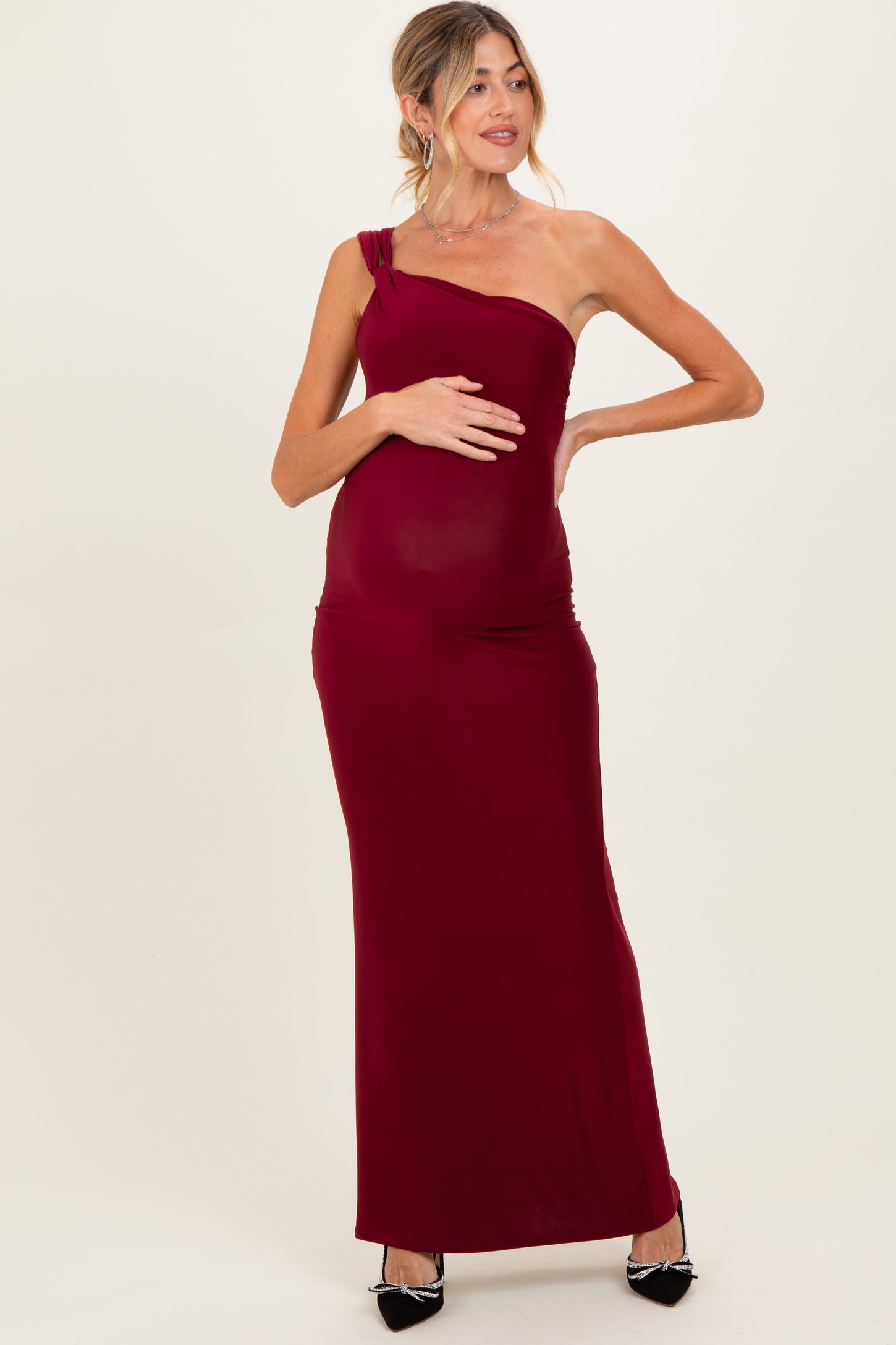 Burgundy Double Strap One Shoulder Maternity Maxi Dress Burgundy Double Strap One Shoulder Maternity Maxi Dress