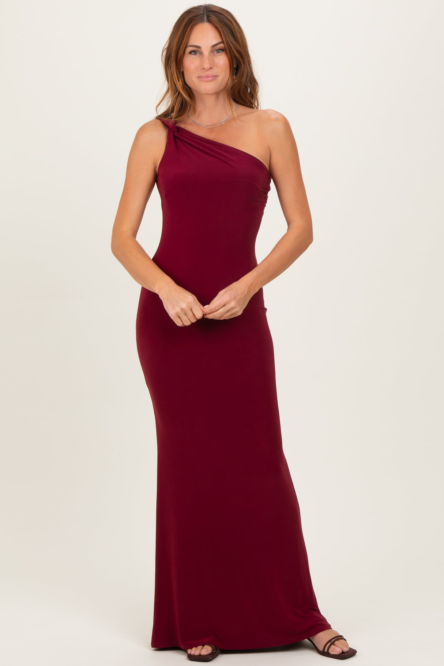 Burgundy Double Strap One Shoulder Maternity Maxi Dress