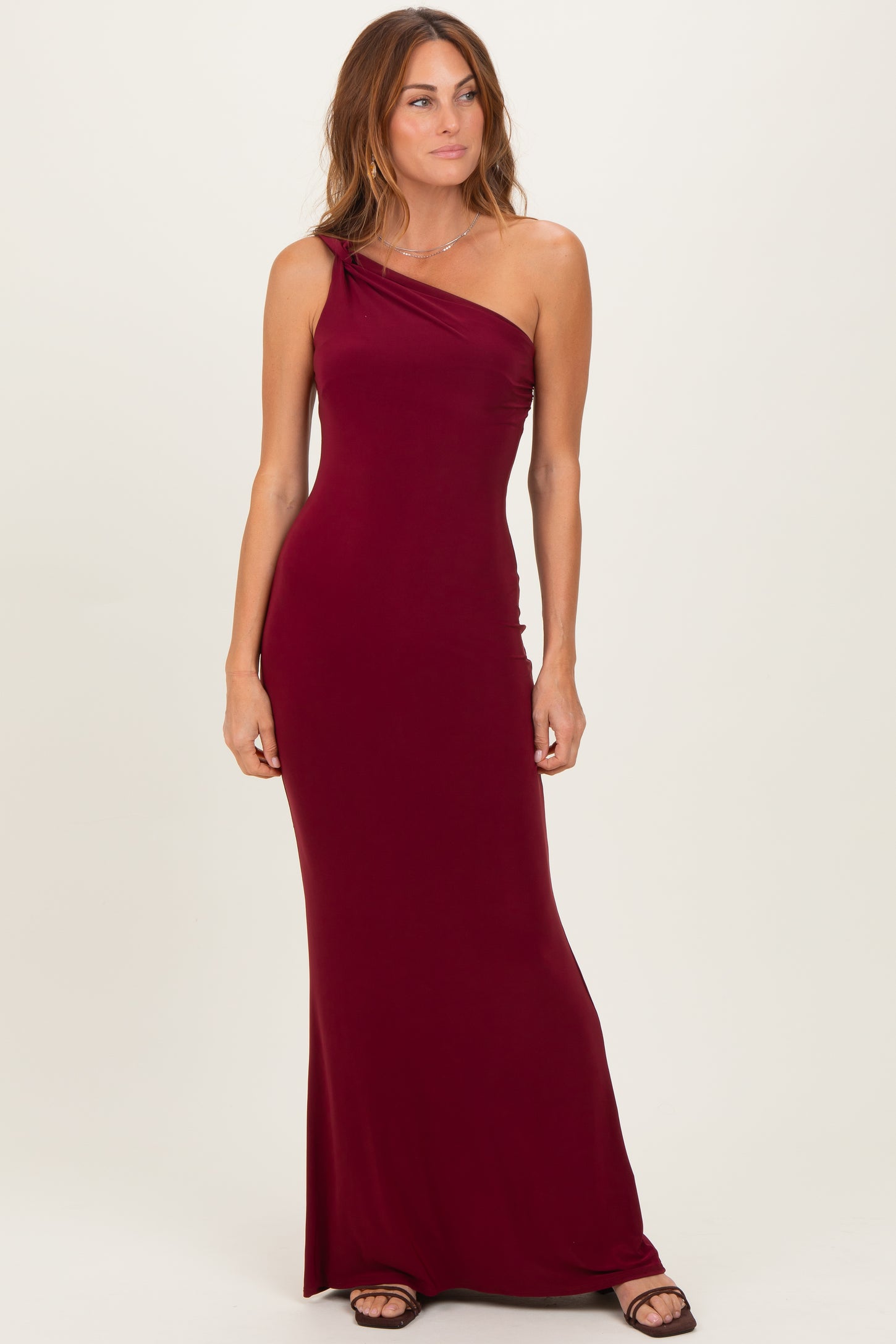 Burgundy Double Strap One Shoulder Maxi Dress