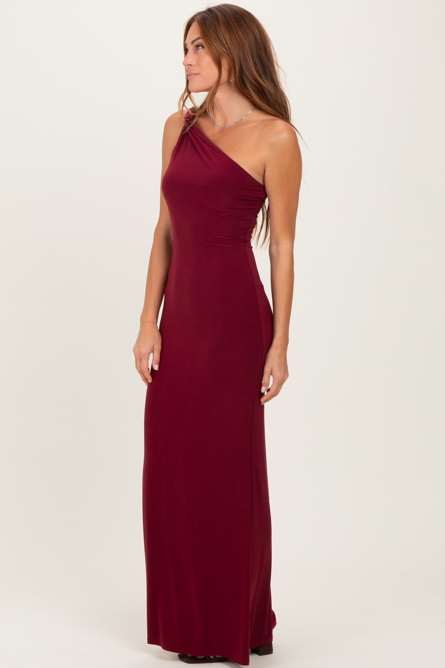 Burgundy Double Strap One Shoulder Maxi Dress