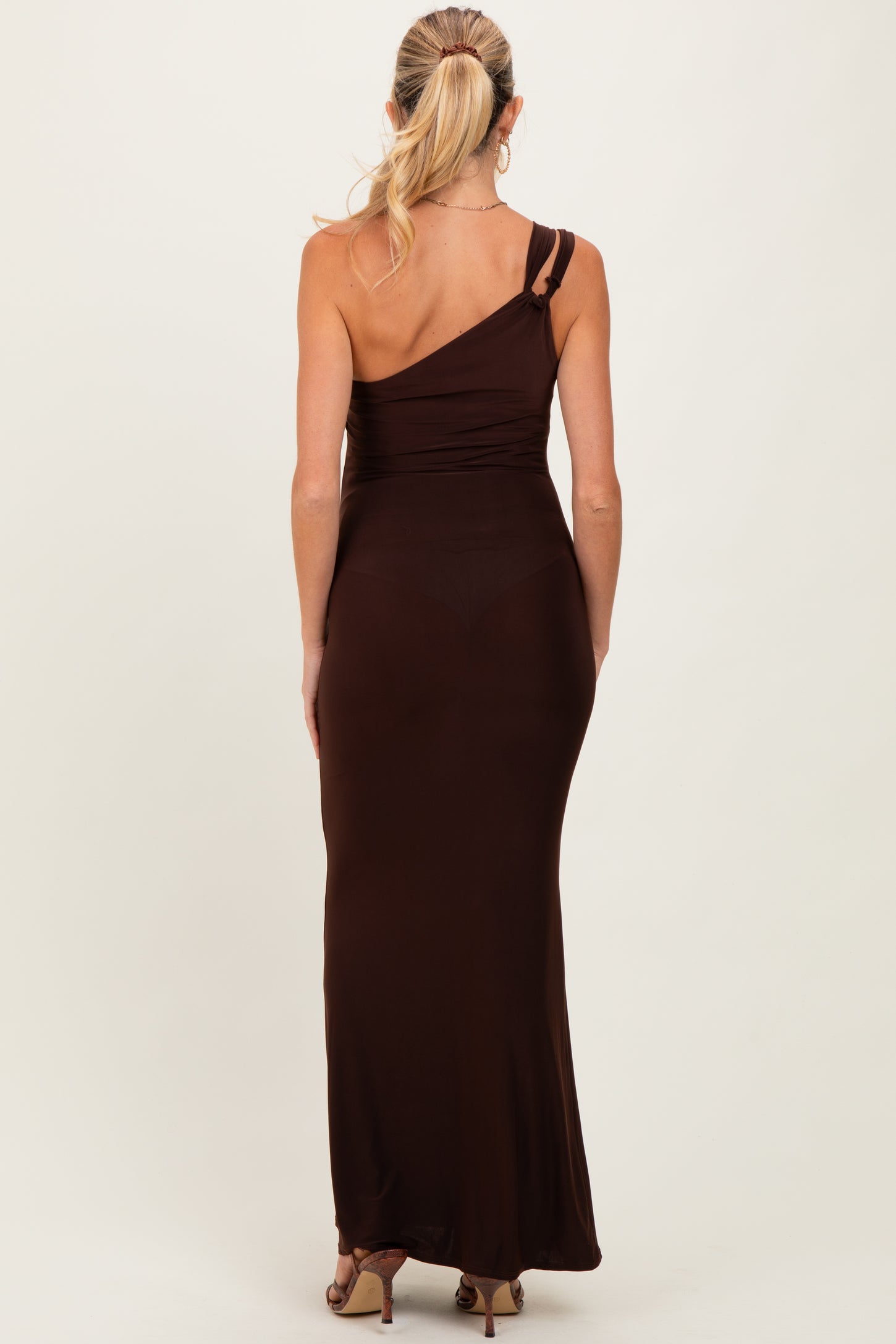 Brown Double Strap One Shoulder Maternity Maxi Dress