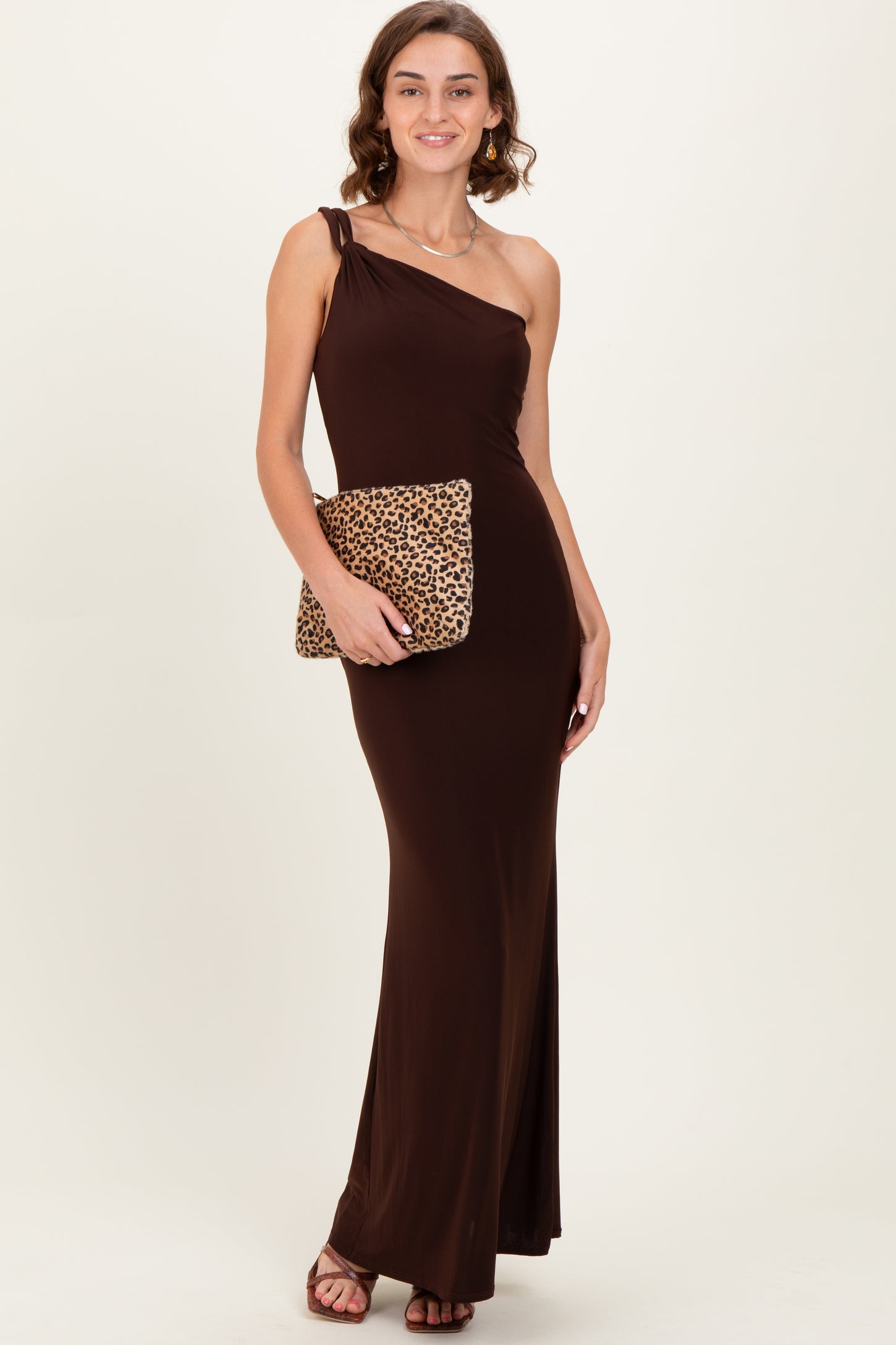 Brown Double Strap One Shoulder Maternity Maxi Dress