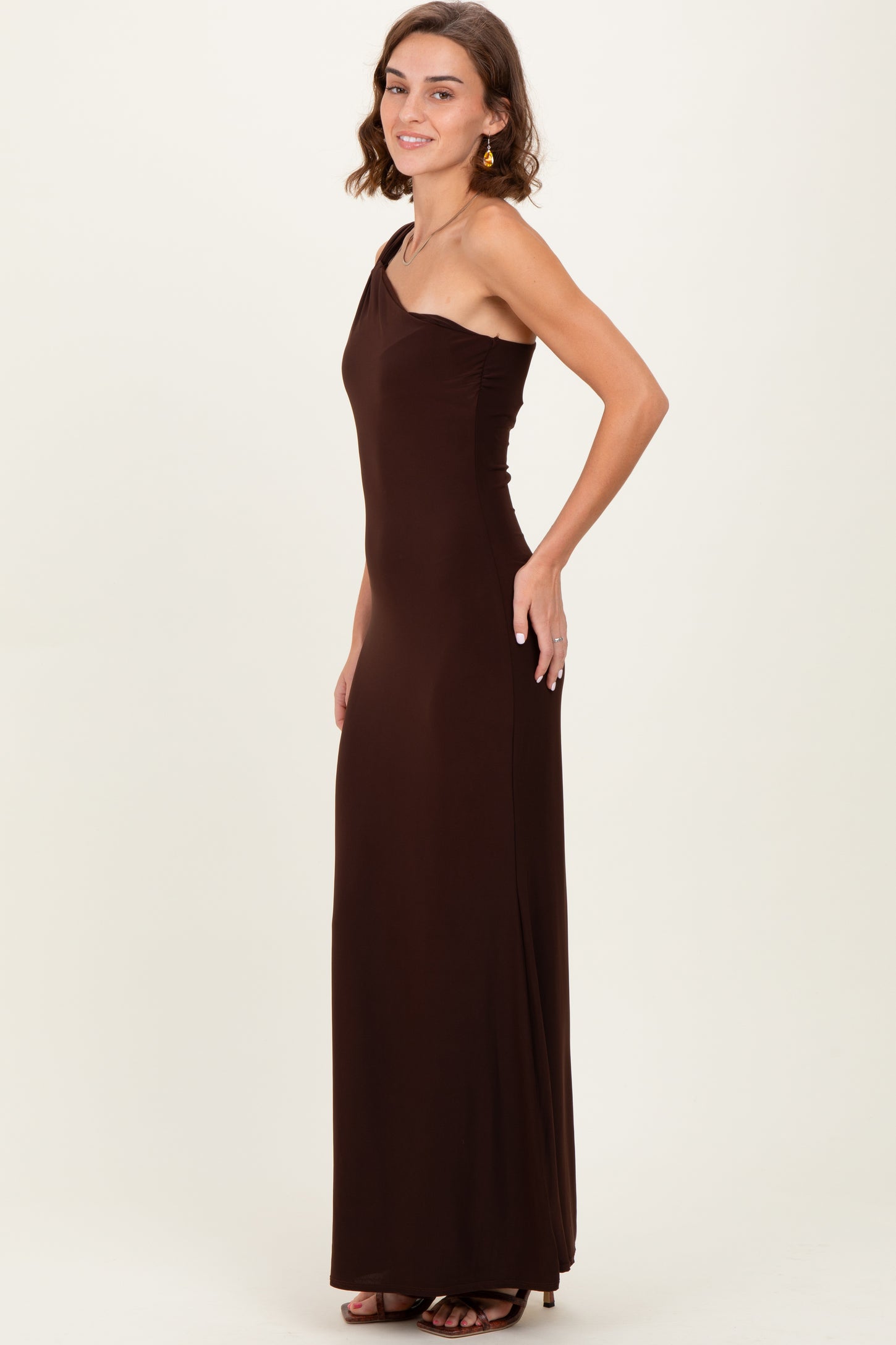 Brown Double Strap One Shoulder Maxi Dress