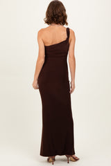 Brown Double Strap One Shoulder Maxi Dress