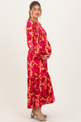 Red Floral Smocked Bodice Long Sleeve Maternity Maxi Dress