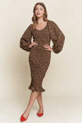Brown Leopard Print Bodycon Midi Dress