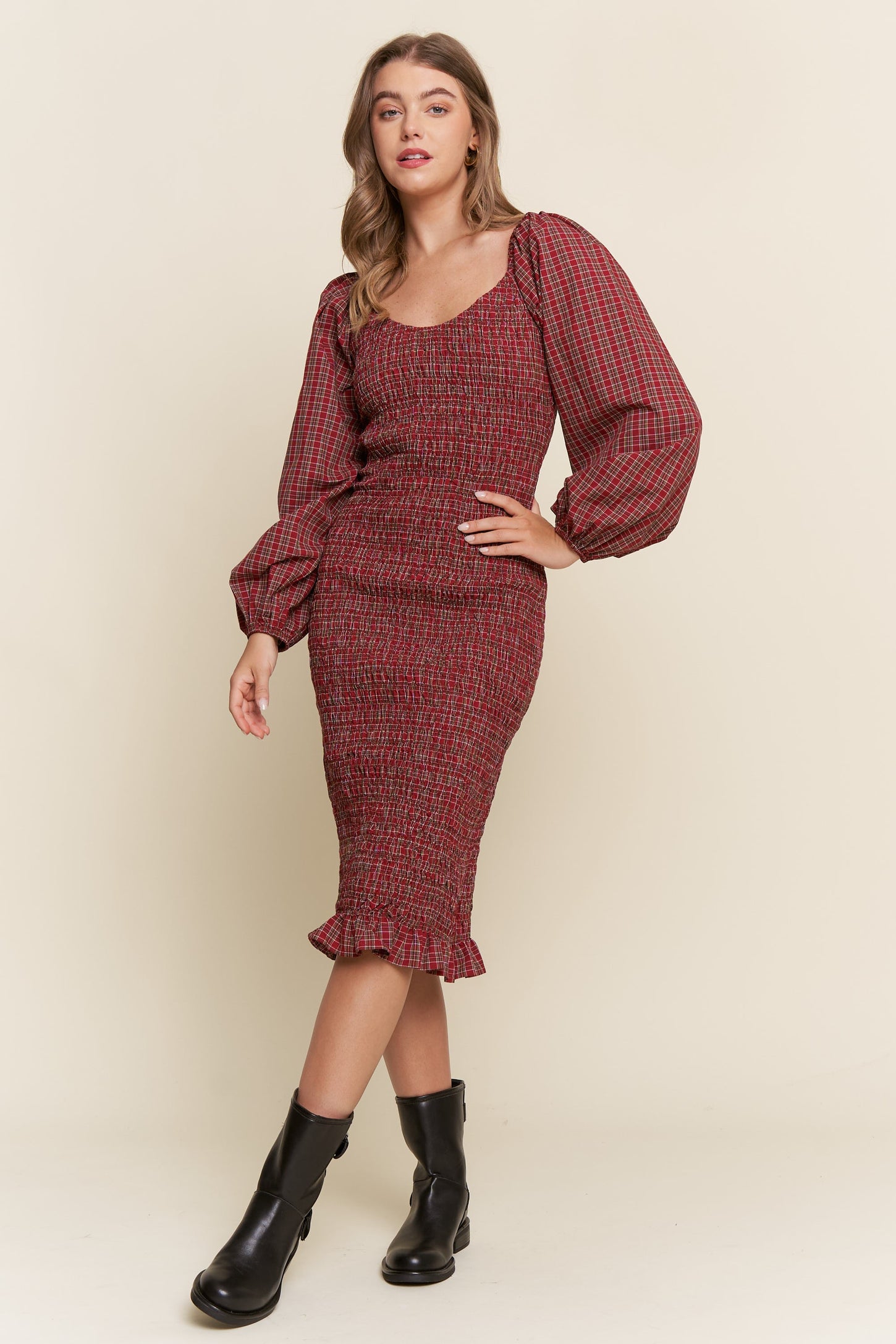 Burgundy Plaid Long Sleeve Bodycon Maternity Midi Dress
