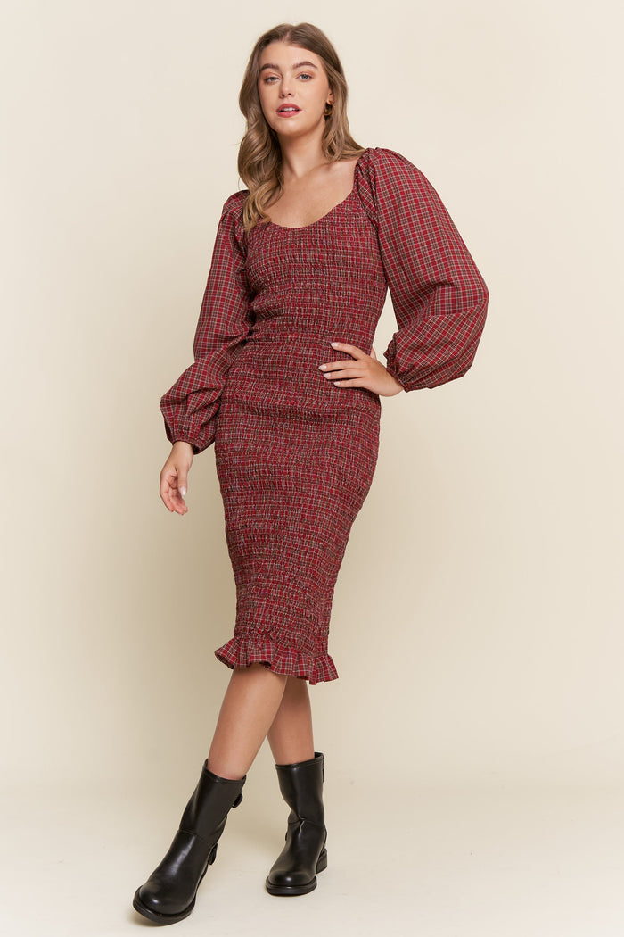 Burgundy Plaid Long Sleeve Bodycon Maternity Midi Dress