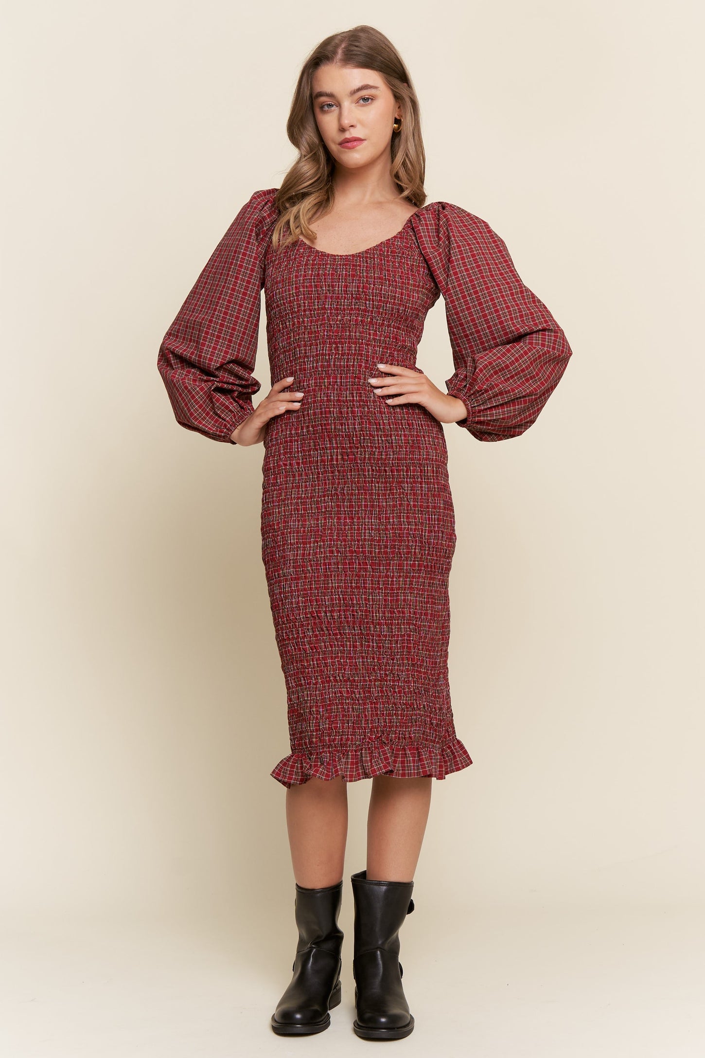 Burgundy Plaid Long Sleeve Bodycon Midi Dress PinkBlush Burgundy Plaid Long Sleeve Bodycon Midi Dress PinkBlush