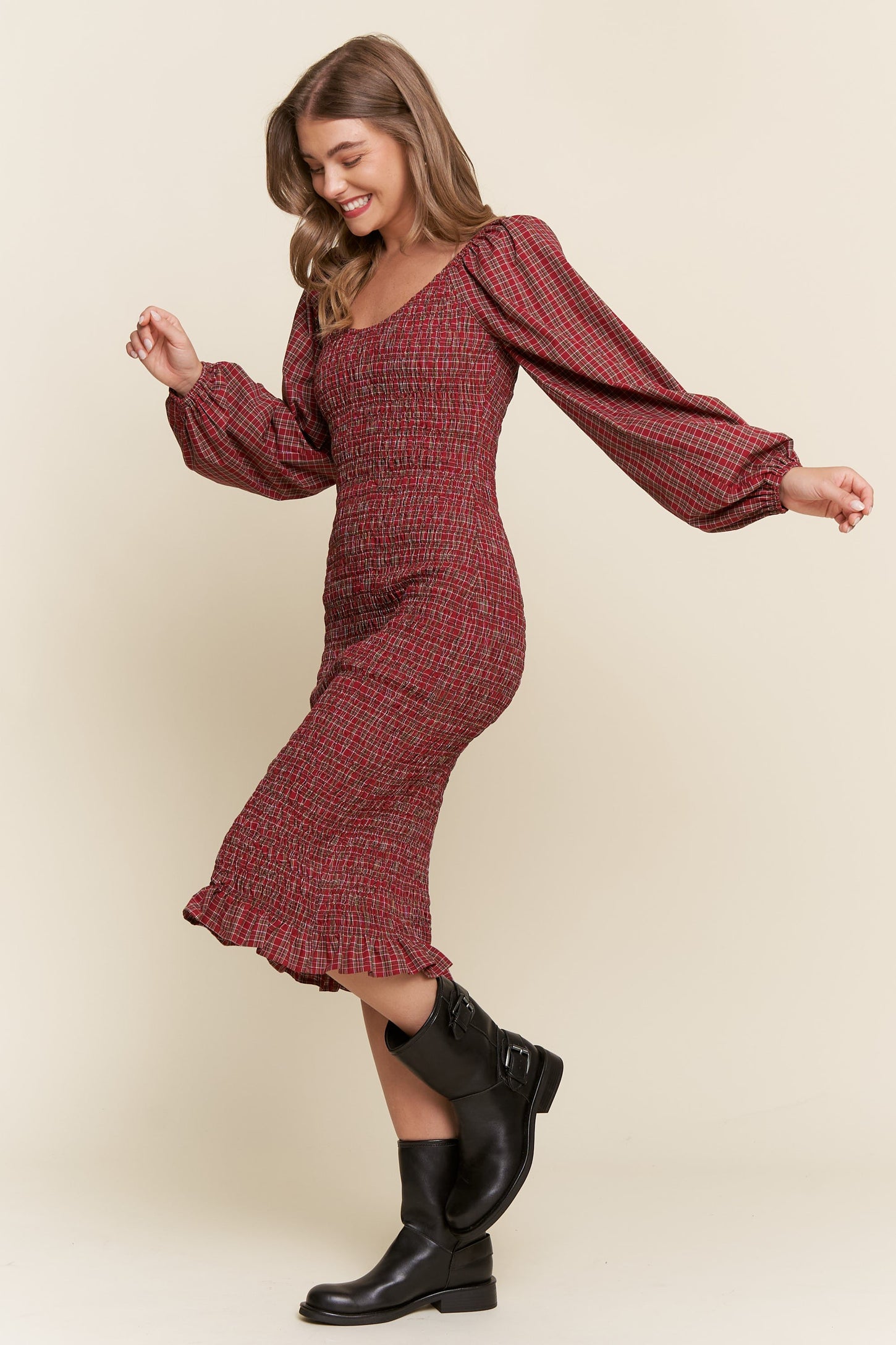 burgundy long sleeve midi dress Burgundy Plaid Long Sleeve Bodycon Midi Dress