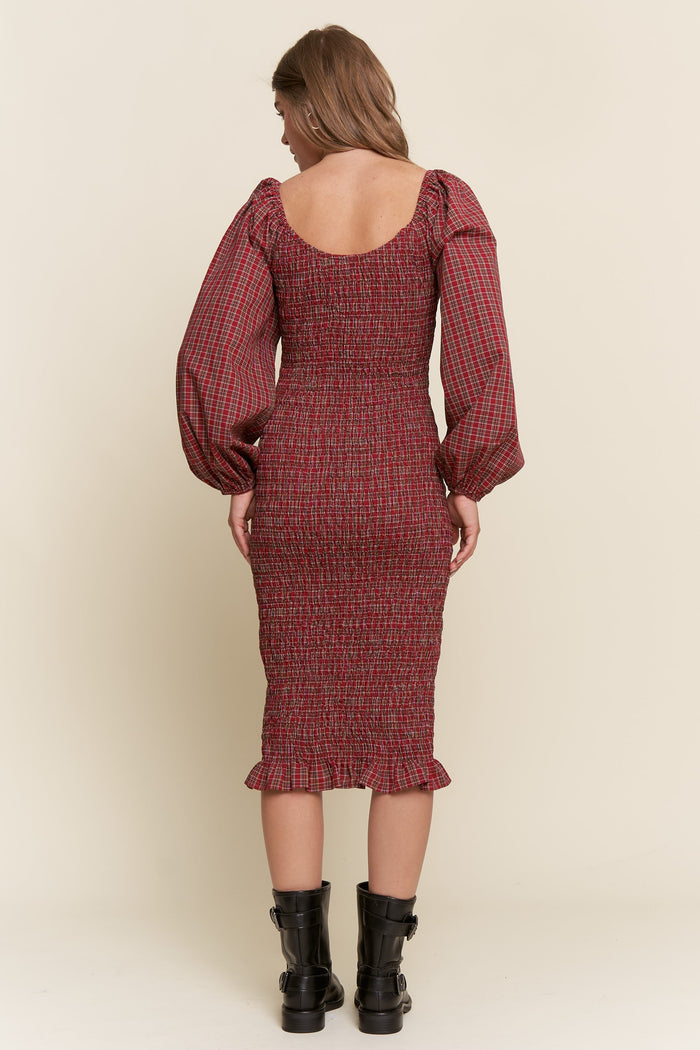 woman wearing a maroon smocked midi dress with puff sleeves and ruffled hem, seen from the back