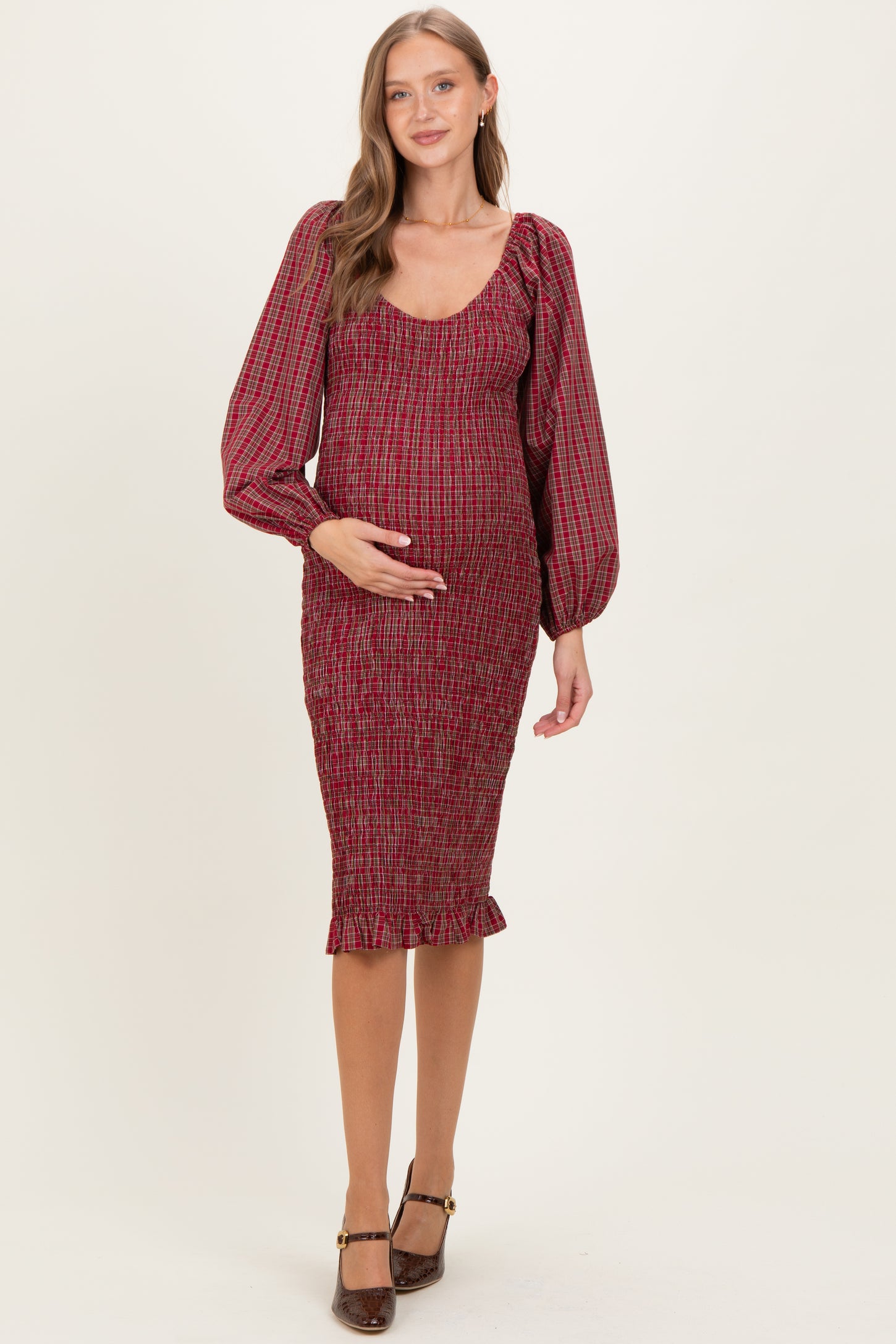 Burgundy Plaid Long Sleeve Bodycon Maternity Midi Dress Burgundy Plaid Long Sleeve Bodycon Maternity Midi Dress