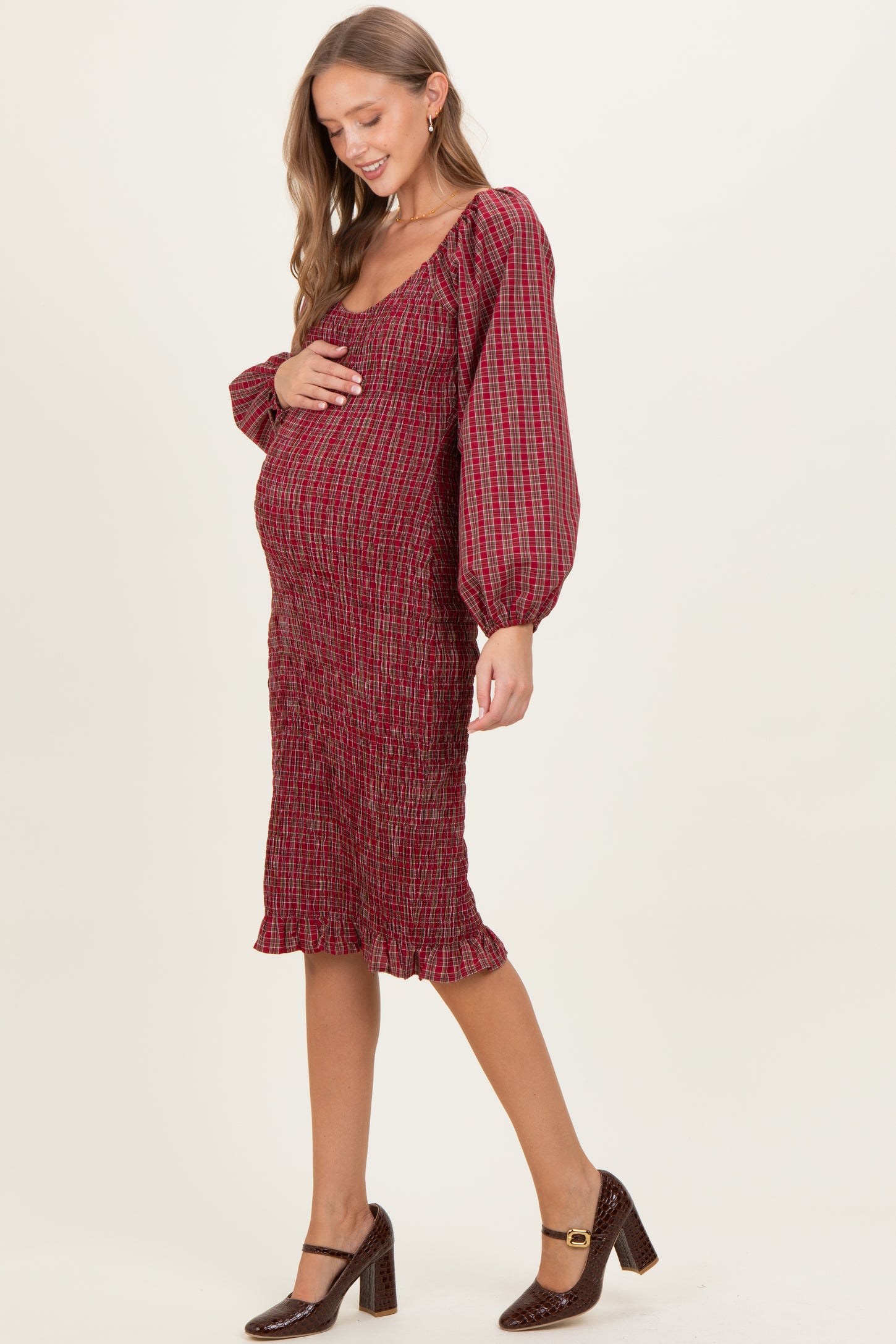 plaid long sleeve bodycon dress Seasonal Spirit Taupe Plaid Ruched Long Sleeve Midi Dress