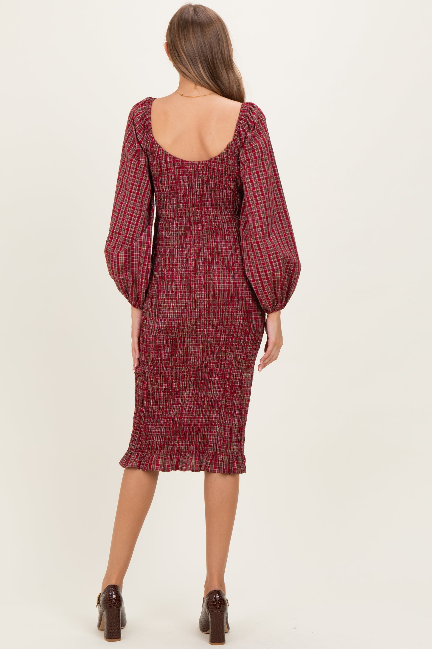 plaid burgundy dress PREORDER - Delilah Plaid and Lace Bubble Mini Dress - Burgundy (SHIPS BY 11/26)