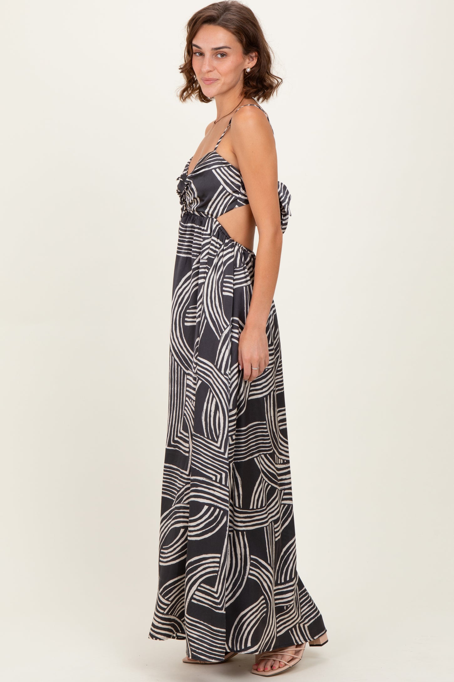 Black Printed Halter Cutout Tie Back Maxi Dress